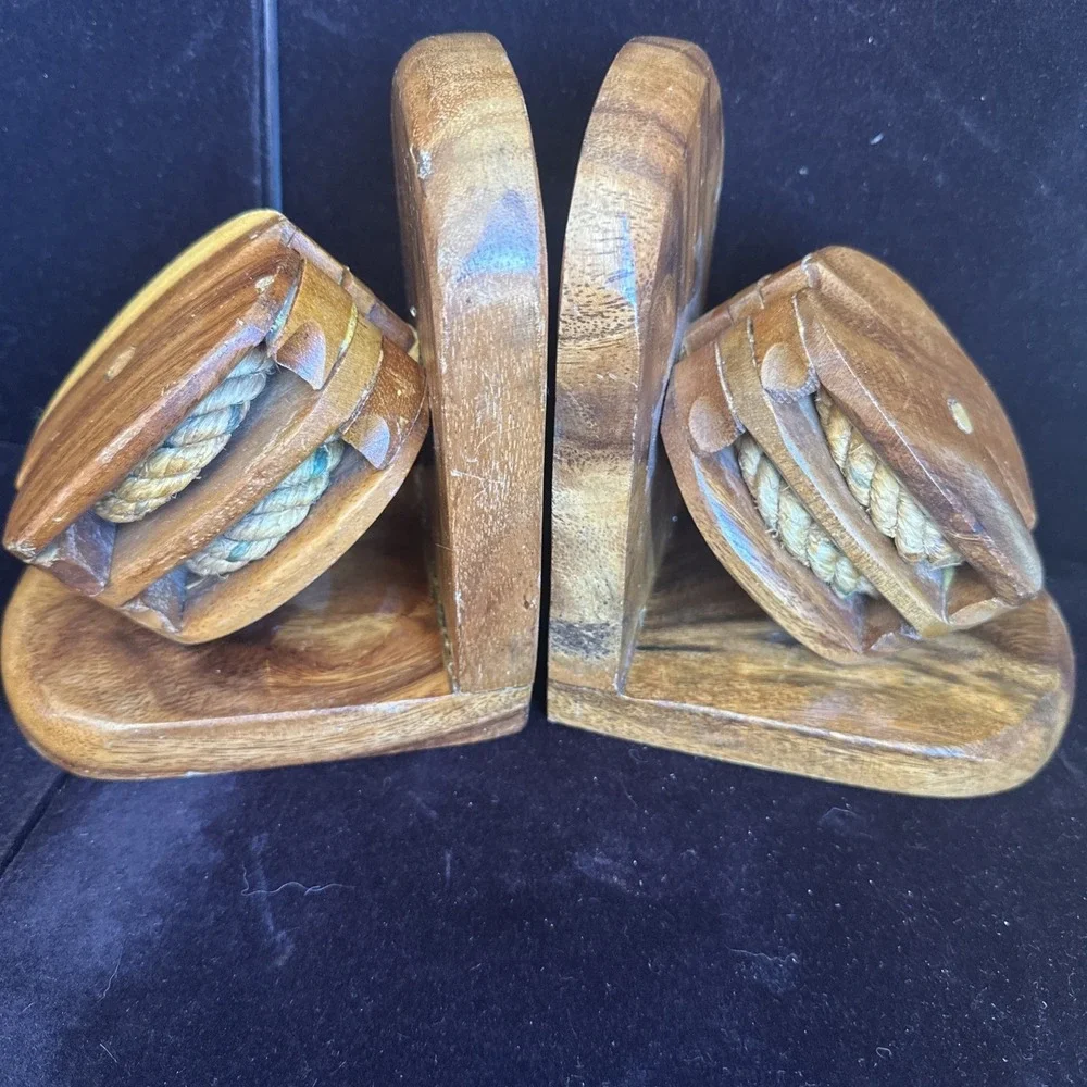 Vintage Book Ends Maritime Nautical Wood Pulley